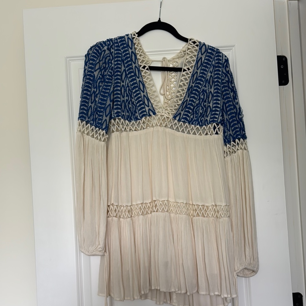 Free People Blue and Cream Embellished Babydoll Dress